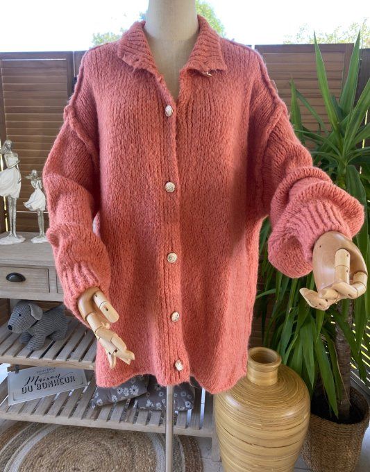 Gilet mohair corail oversize boutons dorés douceur ++++ du 40 au 52/54   