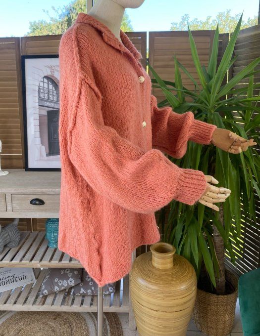 Gilet mohair corail oversize boutons dorés douceur ++++ du 40 au 52/54   