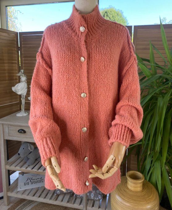 Gilet mohair corail oversize boutons dorés douceur ++++ du 40 au 52/54   