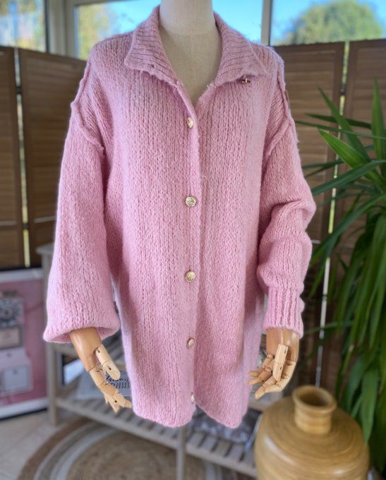 Gilet mohair rose poudré oversize boutons dorés douceur ++++ du 40 au 52/54 