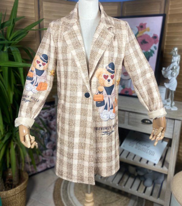 Veste longue doublée Tartan carreaux camel doublée Ourson Teddy Bear du 34 au 42/44