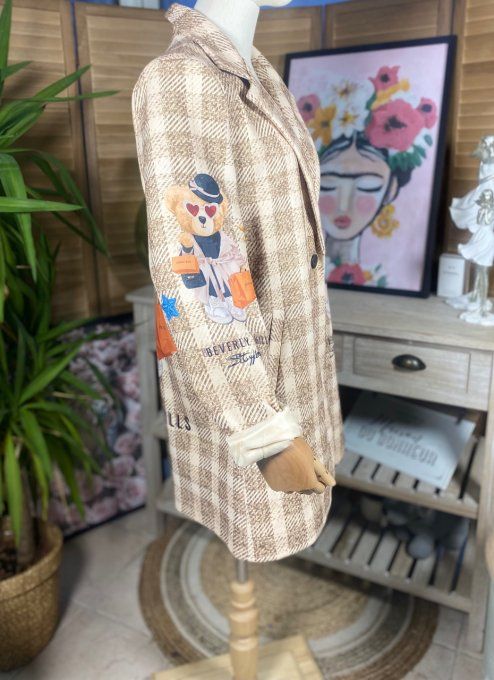 Veste longue doublée Tartan carreaux camel doublée Ourson Teddy Bear du 34 au 42/44