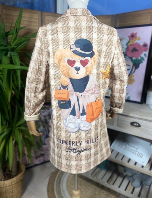 Veste longue doublée Tartan carreaux camel doublée Ourson Teddy Bear du 34 au 42/44