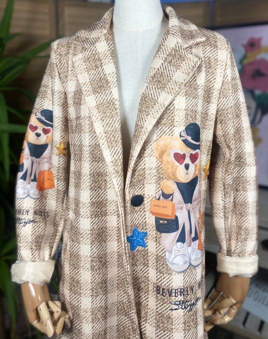 Veste longue doublée Tartan carreaux camel doublée Ourson Teddy Bear du 34 au 42/44