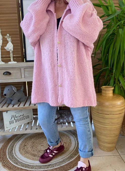 Gilet mohair rose poudré oversize boutons dorés douceur ++++ du 40 au 52/54 