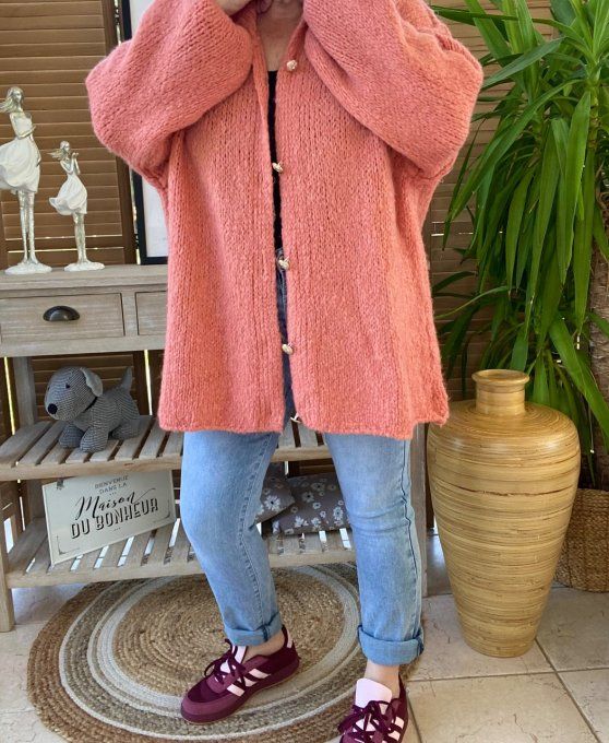 Gilet mohair corail oversize boutons dorés douceur ++++ du 40 au 52/54   