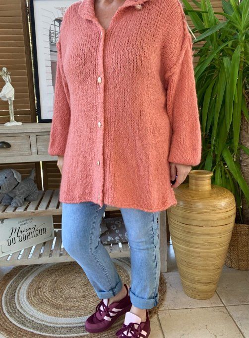 Gilet mohair corail oversize boutons dorés douceur ++++ du 40 au 52/54   