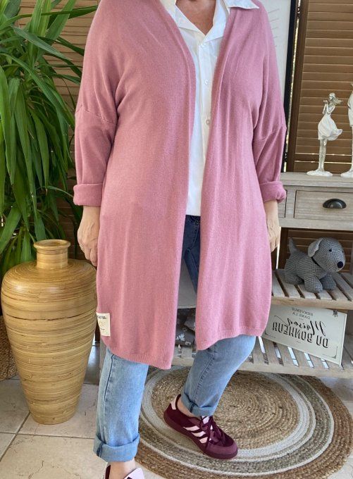 Gilet long sans laine ample rose poudré chiné douceur ++++ du 38 au 50/52 