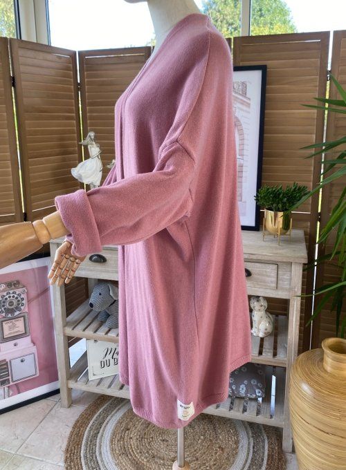 Gilet long sans laine ample rose poudré chiné douceur ++++ du 38 au 50/52 