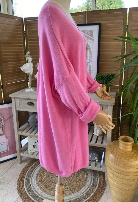 Gilet long sans laine ample rose bonbon douceur ++++ du 38 au 50/52  