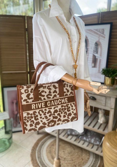 Sac léopard caramel crème Rive Gauche porté mains + bandoulière