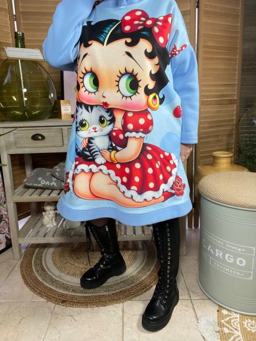 Sweat à capuche long ou robe sweat ciel Betty Boop & son chat du 40 au 52 