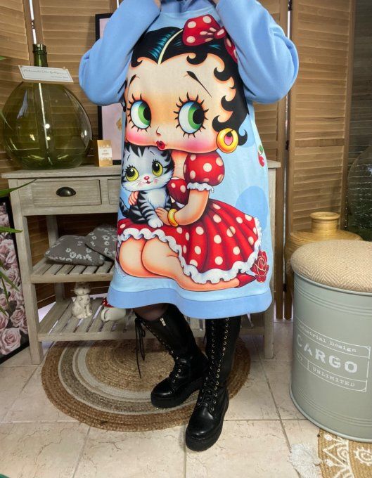 Sweat à capuche long ou robe sweat ciel Betty Boop & son chat du 40 au 52 