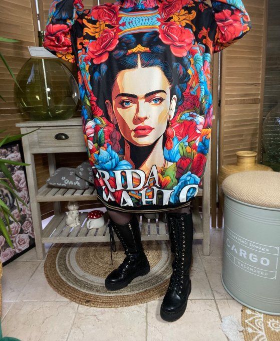 Sweat à capuche long multicolore ou robe sweat Frida Kahlo du 42 au 50/52 