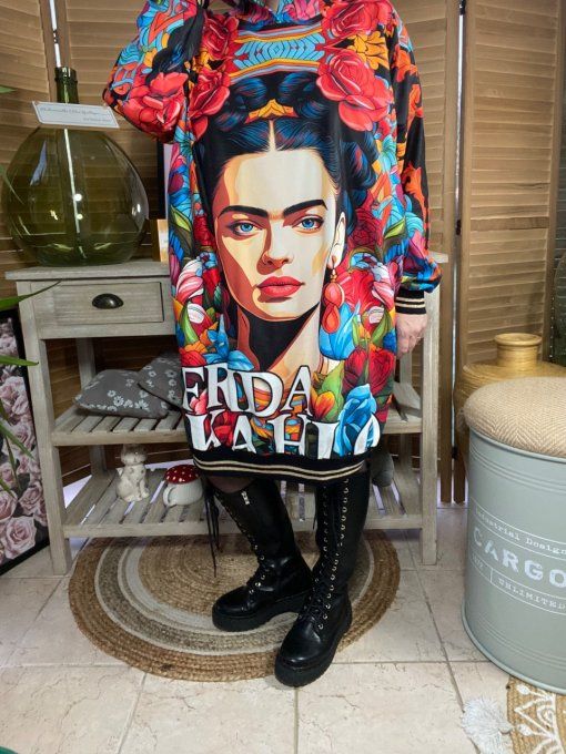 Sweat à capuche long multicolore ou robe sweat Frida Kahlo du 42 au 50/52 