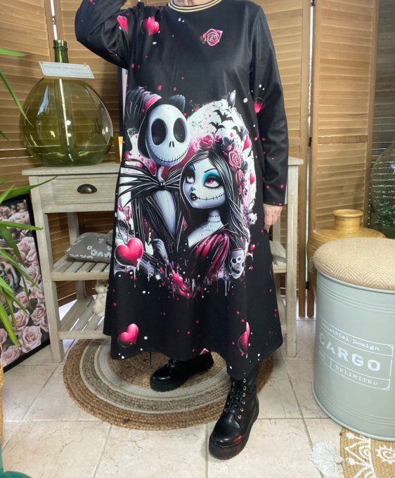 Robe trapèze longue noire molletonnée Jack & Sally Skulls du 38 au 50  