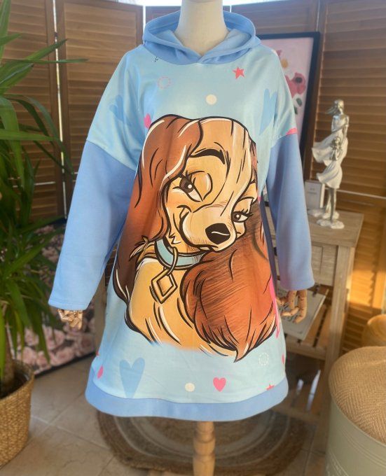 Sweat à capuche long ou robe sweat ciel La belle & Le Clochard du 40 au 52