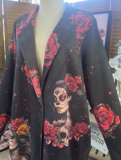 Veste longue suédine noire Tatto Gothic Girl Skulls du 36 au 46 et même +