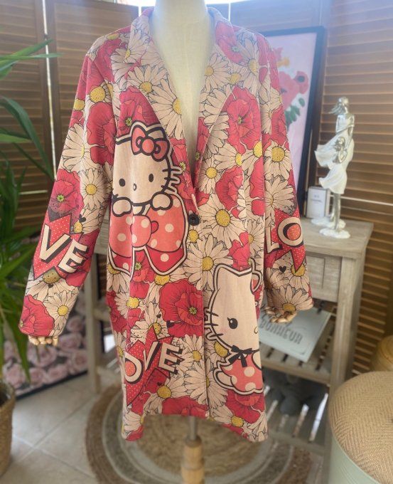 Veste longue suédine fleurs printanières Hello Kitty du 36 au 46 et même +  