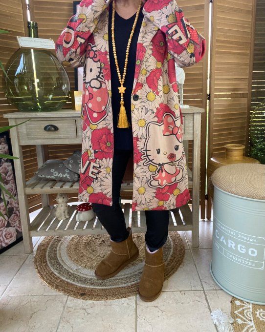 Veste longue suédine fleurs printanières Hello Kitty du 36 au 46 et même +  