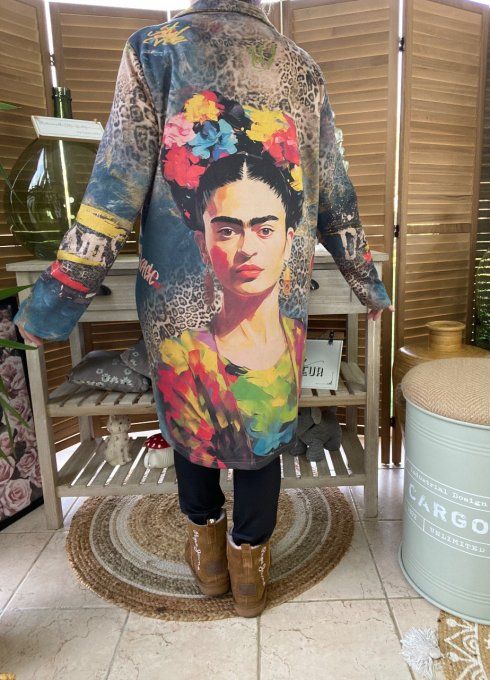 Veste longue suédine Léopard bleuté Frida Kahlo aux Fleurs du 36 au 46 et même + 