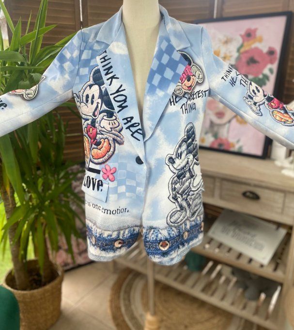 Veste blazer bleue effet brodé doublée Mickey Mouse Vintage rétro du 34 au 44 petit 46