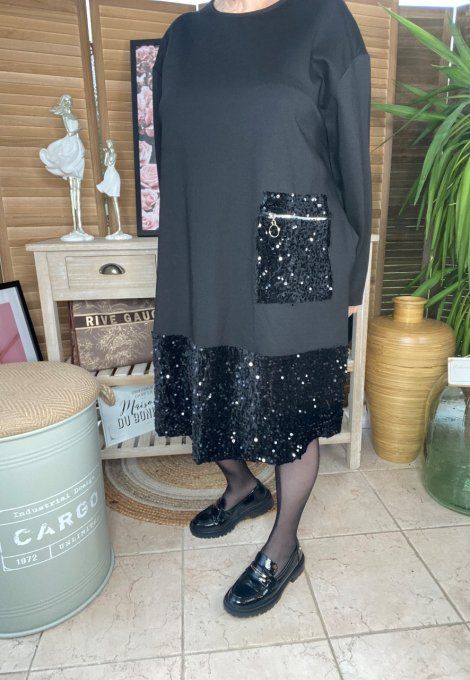 Robe Trapèze ample noire sequins noirs brillants du 40 au 48/50