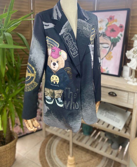 Veste blazer noire grisé doublée Teddy Bear Street Move du 36 au 44/46