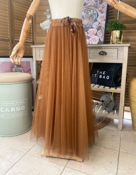 Jupe longue ample vaporeuse tulle caramel du 36 au 44/46