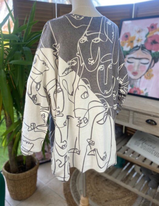 Pull de printemps ample sans laine écru et gris Picasso du 42 au 54/56  