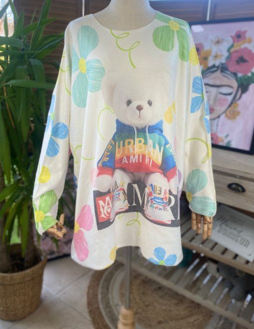 Pull de printemps ample sans laine écru Teddy Bear Ourson du 42 au 54/56 