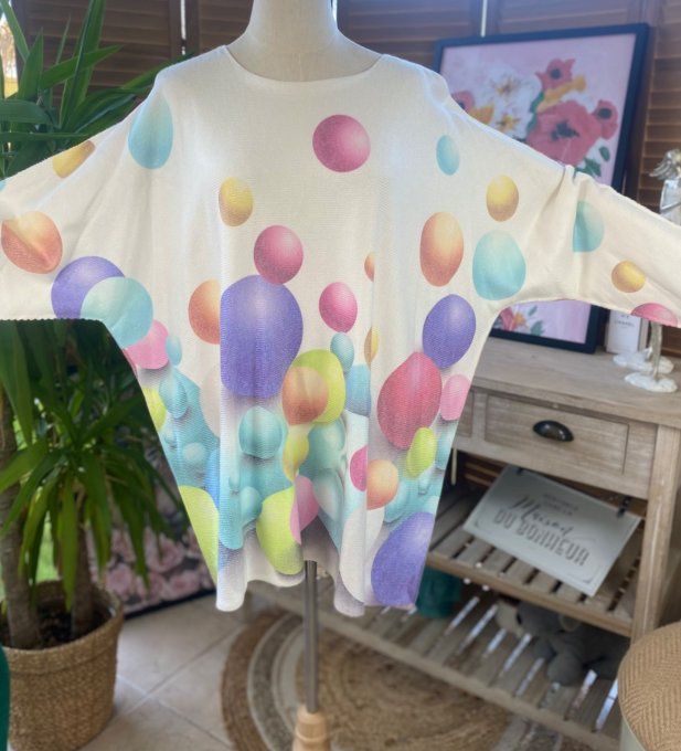 Pull de printemps ample sans laine écru Les Bulles multicolores du 42 au 54/56