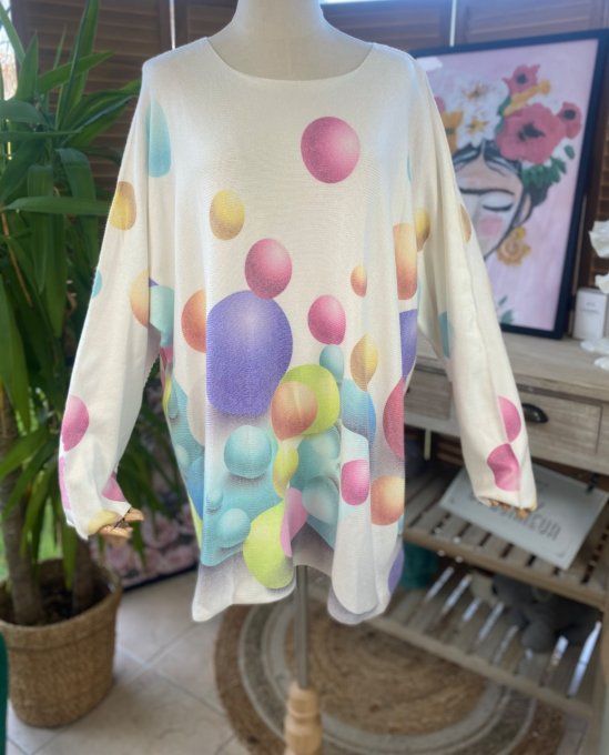 Pull de printemps ample sans laine écru Les Bulles multicolores du 42 au 54/56