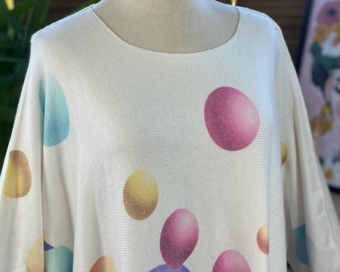 Pull de printemps ample sans laine écru Les Bulles multicolores du 42 au 54/56