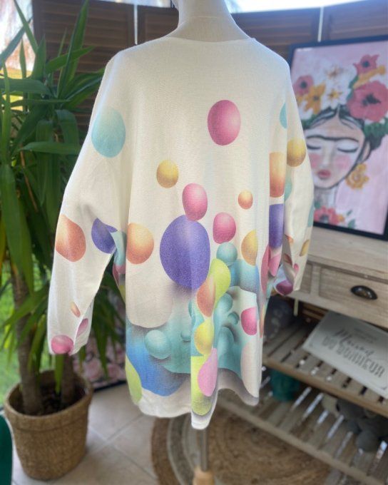 Pull de printemps ample sans laine écru Les Bulles multicolores du 42 au 54/56