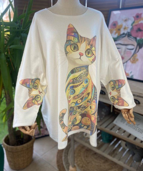 Pull de printemps ample sans laine écru La Chat façon Klimt du 42 au 54/56