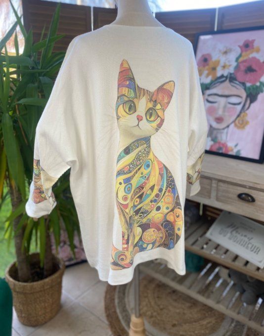 Pull de printemps ample sans laine écru La Chat façon Klimt du 42 au 54/56