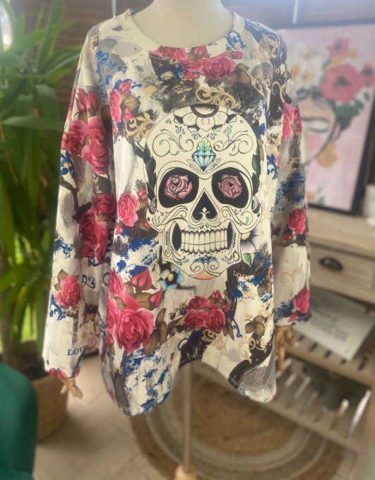 Sweat ample crème Mexican Skulls Calavera Fleurs d'Antan du 40 au 50/52