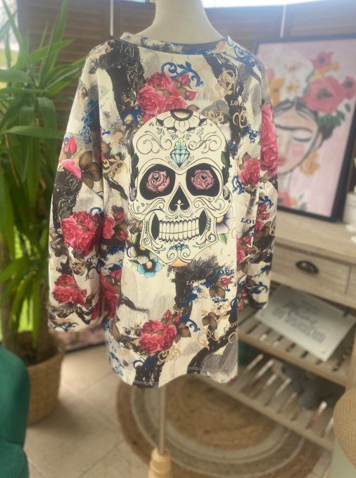 Sweat ample crème Mexican Skulls Calavera Fleurs d'Antan du 40 au 50/52