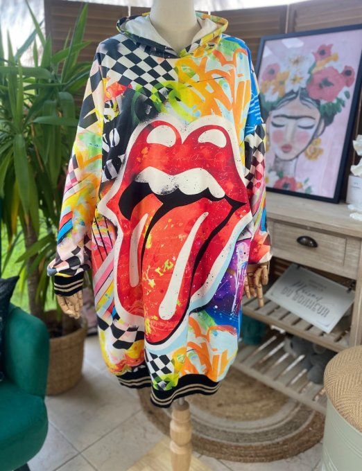 Sweat à capuche long multicolore ou robe sweat The Rolling Stones du 42 au 50/52 