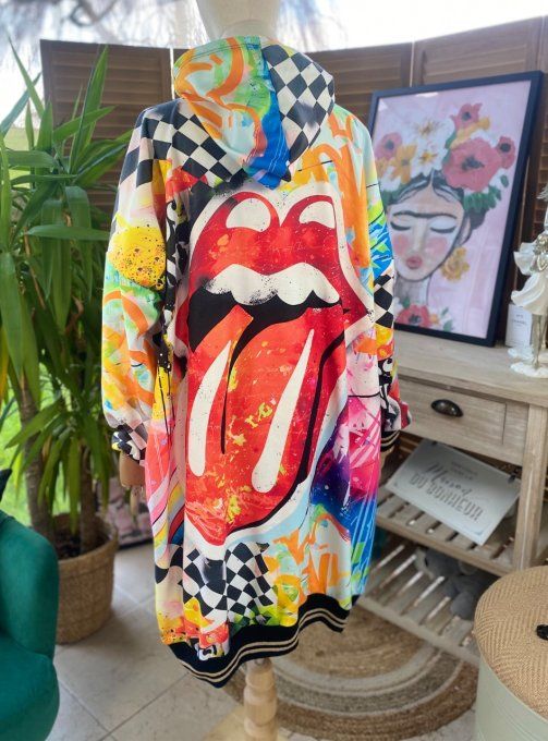 Sweat à capuche long multicolore ou robe sweat The Rolling Stones du 42 au 50/52 