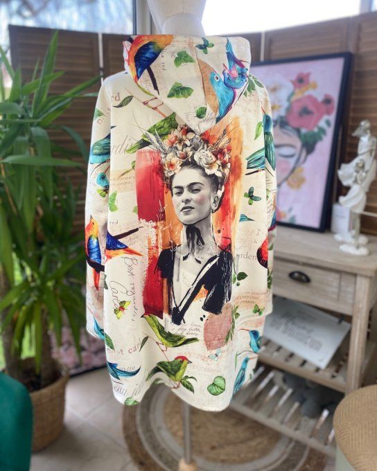 Gilet à capuche ample crème Frida Kahlo et les Oiseaux du 40 au 52 et même +