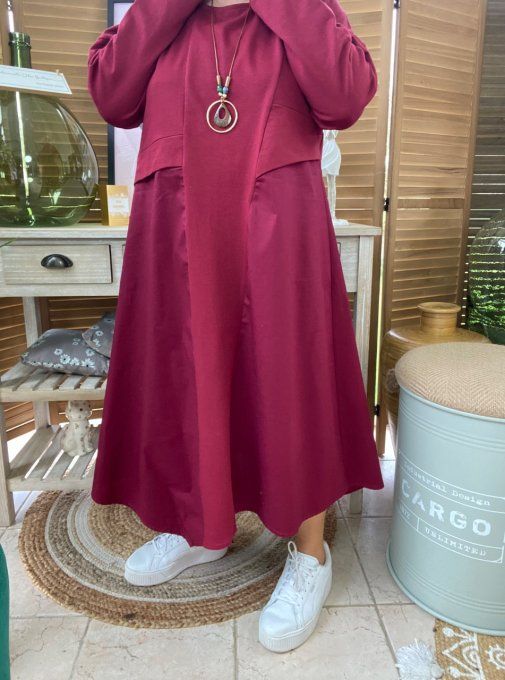 Robe trapèze longue asymétrique  bordeaux lie de vin  + collier du 38 au 46/48