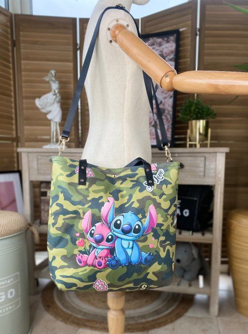 Grand sac besace suédine & simili-cuir Military Lilo & Stitch doublé qualité ++++