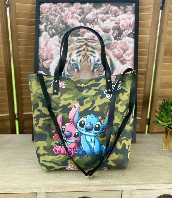 Grand sac besace suédine & simili-cuir Military Lilo & Stitch doublé qualité ++++