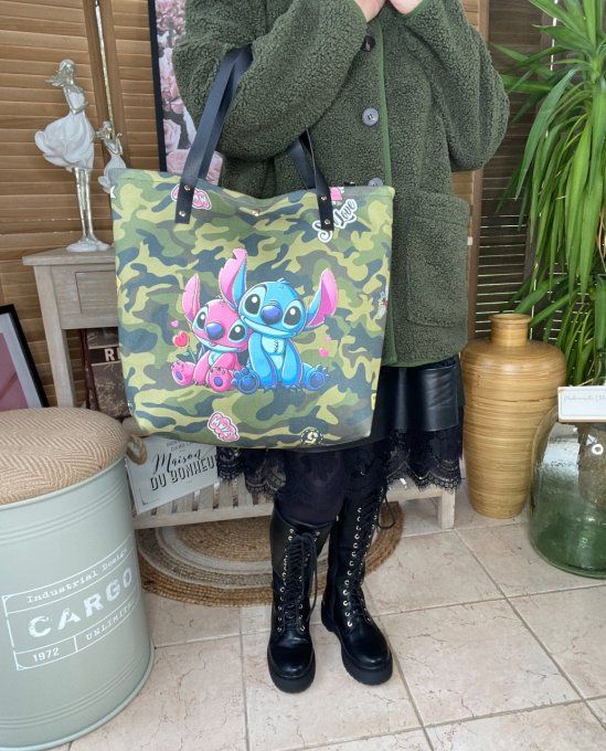 Grand sac besace suédine & simili-cuir Military Lilo & Stitch doublé qualité ++++