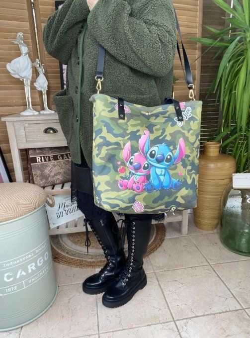 Grand sac besace suédine & simili-cuir Military Lilo & Stitch doublé qualité ++++