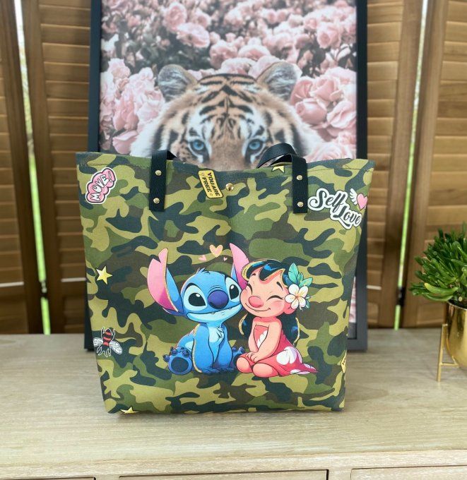 Grand sac besace suédine & simili-cuir Military Lilo & Stitch doublé qualité ++++