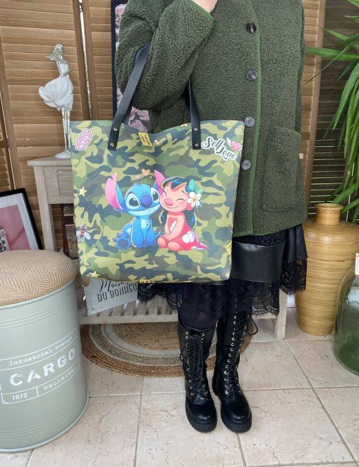 Grand sac besace suédine & simili-cuir Military Lilo & Stitch doublé qualité ++++