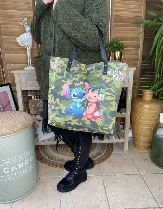 Grand sac besace suédine & simili-cuir Military Lilo & Stitch doublé qualité ++++